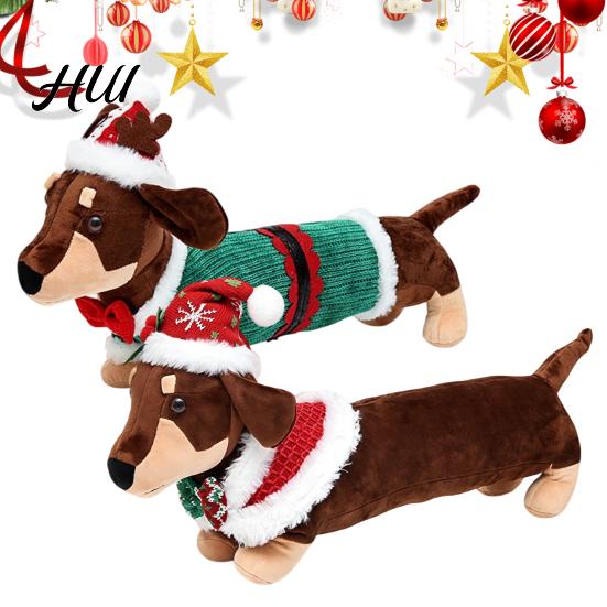 Holiday Themed Soft Toy Christmas Dachshund Plush Toy, Cute Dog Stuffed Animal with Santa Hat Sweater, Ornament for Table Decor Home Shelf Display,