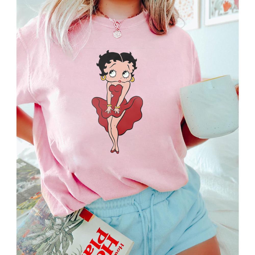 Classic Red Dress Betty Boop Theme Series Printed TShirt Betty Boop Collector Casual Daily Outfit Retro Style Women Cotton Tops