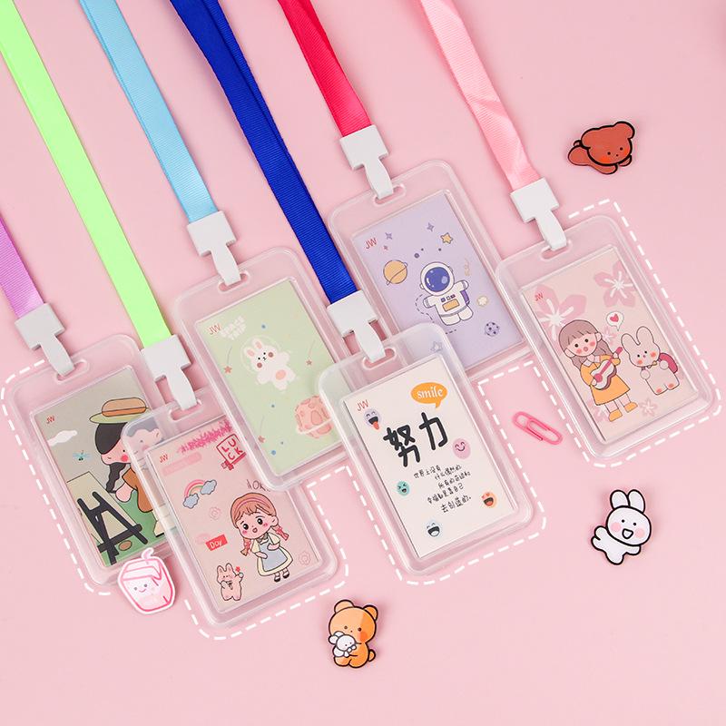Creative Cartoon ID Card Holder with Lanyard - Cute, Transparent, and Waterproof for Students and Employees