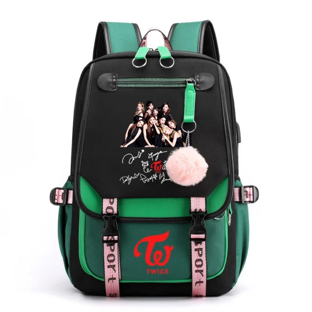 Korean K-POP Elements Pattern Backpack Fashion Casual High Quality USB Zipper Backpack K-POP Combination Pattern Backpacks