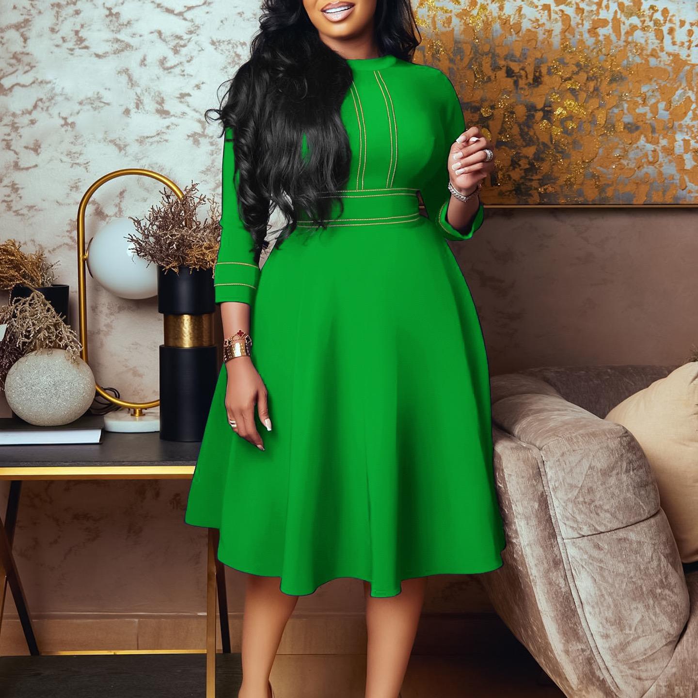 

Women Elegant Party Dresses fashion O Neck plus size xxxl Three Quarter Sleeve High Waisted Pleated Dress 2026 S зелёный