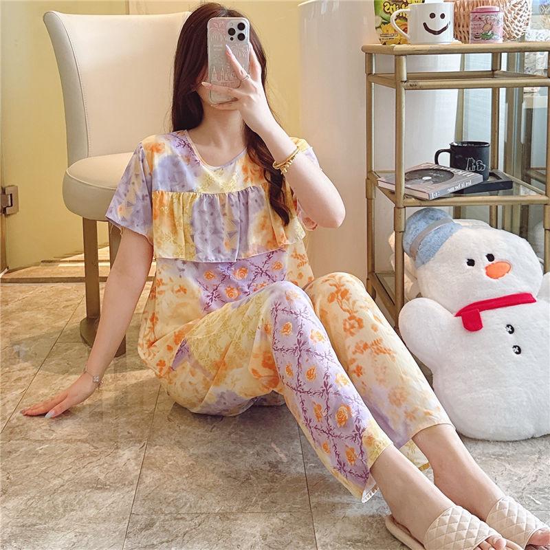 Artificial Cotton Pajamas Women's Spring and Summer Anti-bump Cotton and Silk Loungewear Suit Summer Cute Plaid Large Size Pajamas Outside Wear