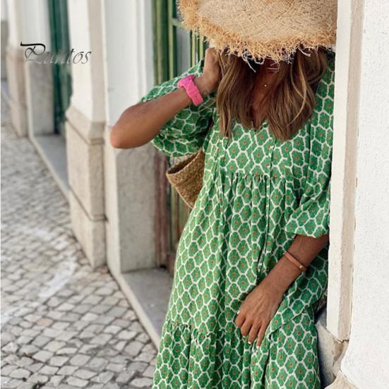 Robe d'été pour femmes, col en V, manches trois quarts à bulles, imprimé géométrique, ample, Patchwork, ligne a, grand ourlet, fluide, printemps, vacances, plage, robe mi-longue