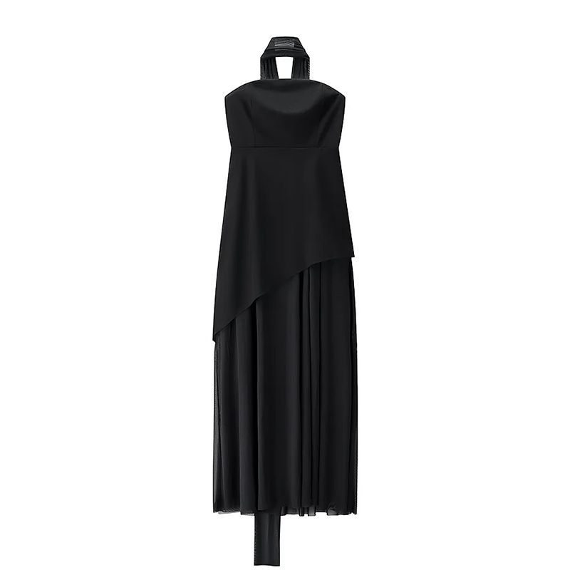 

Elegant Gift Sexy Pure Design Sense Mesh Patchwork Tube Top Dress with Scarf Holiday Style Slit Skirt Black (including scarf) L