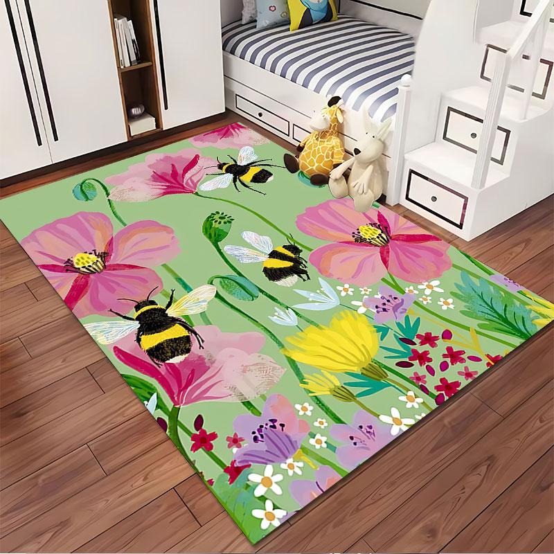 Colorful Flowers and Bumblebees suitable as a non-slip mat for the living room or bedroom sofa
