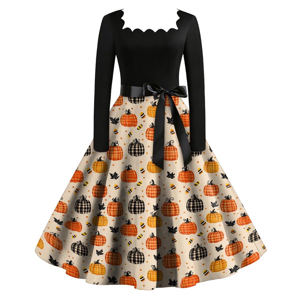 Women Vintage Long Sleeve Square Neck Dress Halloween Party Printed Full Skirt Retro Style Midi Dress with Waist Tie