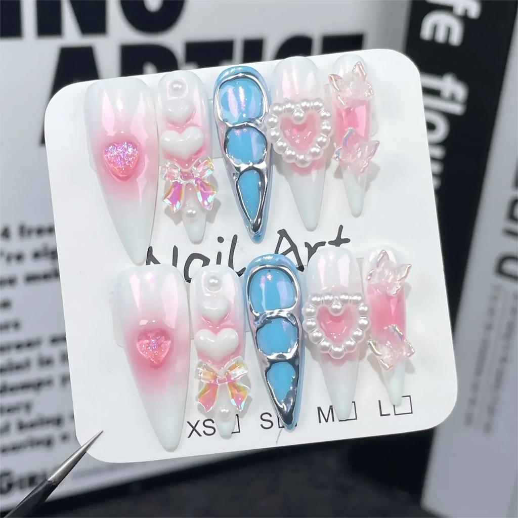 10 Pcs Long Almond Handmade Press On Nails With Heart Decoration Fake Nail Tips Stick On False Nails For Women