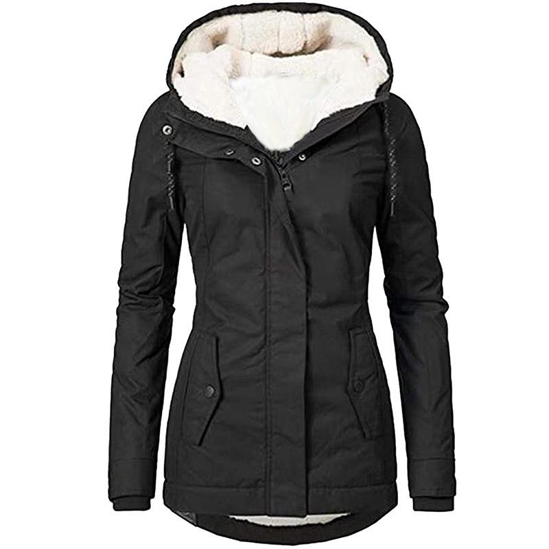 Women's Hooded Cotton Jacket with Plush Lining - Medium Long Style for Autumn/Winter