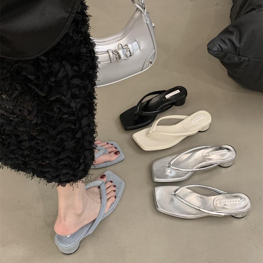 French Thick-heeled Flip-flops Outside Women's Shoes 2025 New Summer with Skirt Beach Silver Sandals