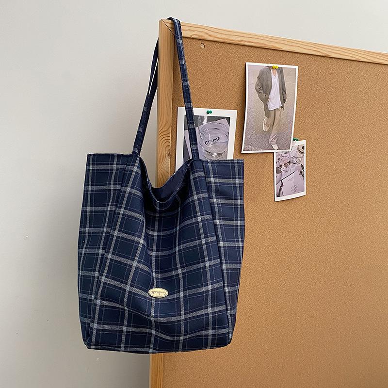 Casual relaxation large-capacity bag women's 2025 new autumn and winter canvas plaid shoulder bag double-sided tote bag