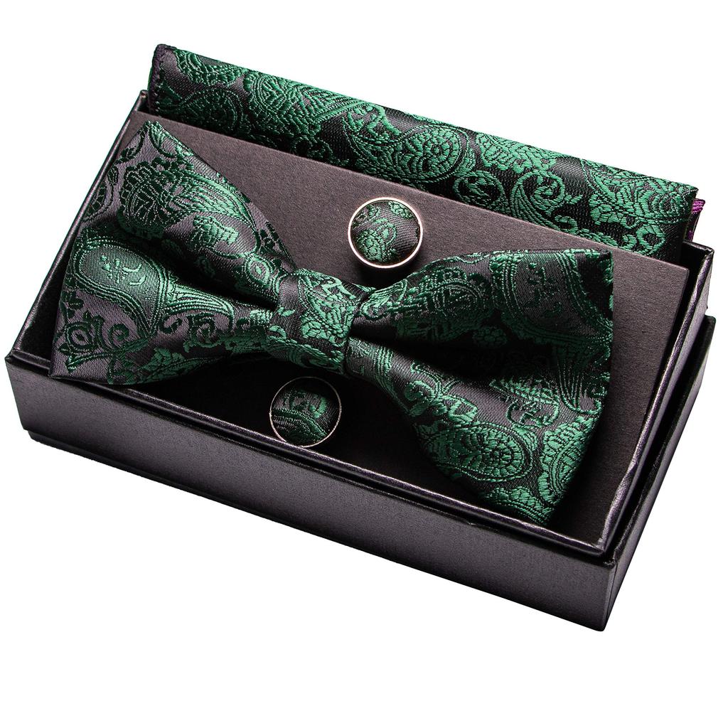 [JEMYGINS] [Jemygins Men's Bow Tie, Dark Green, 2-piece Silk Paisley Pattern, Formal, Business, Wedding, Gift, Cufflinks, Handkerchief Set (15)]