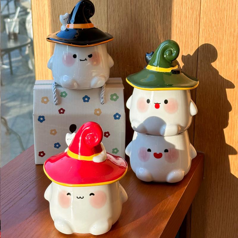 Halloween cute ghost cup girl ceramic mug with lid spoon office couple coffee cup souvenir