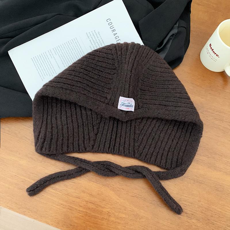 

Корейская вязаная балаклава для женщин на осень и зиму с большим обхватом головы, маленьким лицом, теплой защитой ушей, шерстяная шапка, шапка-пуловер M（56-58cm）