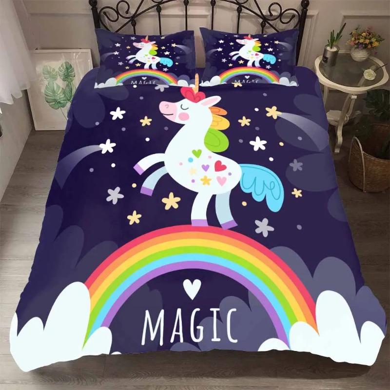 Microfiber Fabric Bedclothes Kids Beds Cartoon Rainbow Unicorn Bedding Set Home Bed Set Cute Unicorn Duvet Cover With Pillowcase