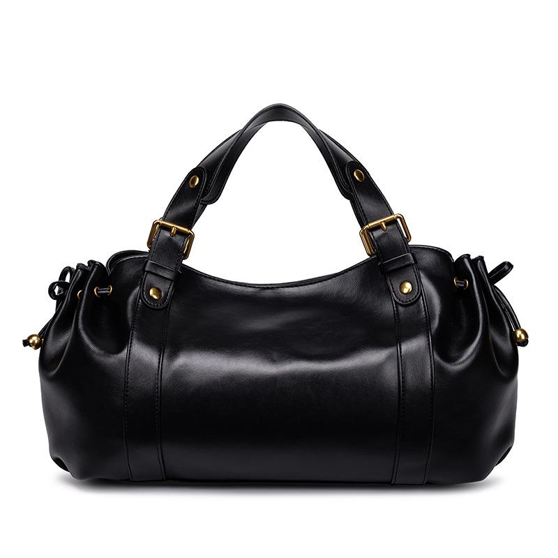 Fashi Tote Bag Luxury Vintage Handbag Side Drawstring Soft Leather Pleated Women s Shoulder Bag Magnetic Snap Closure Handbag чёрный