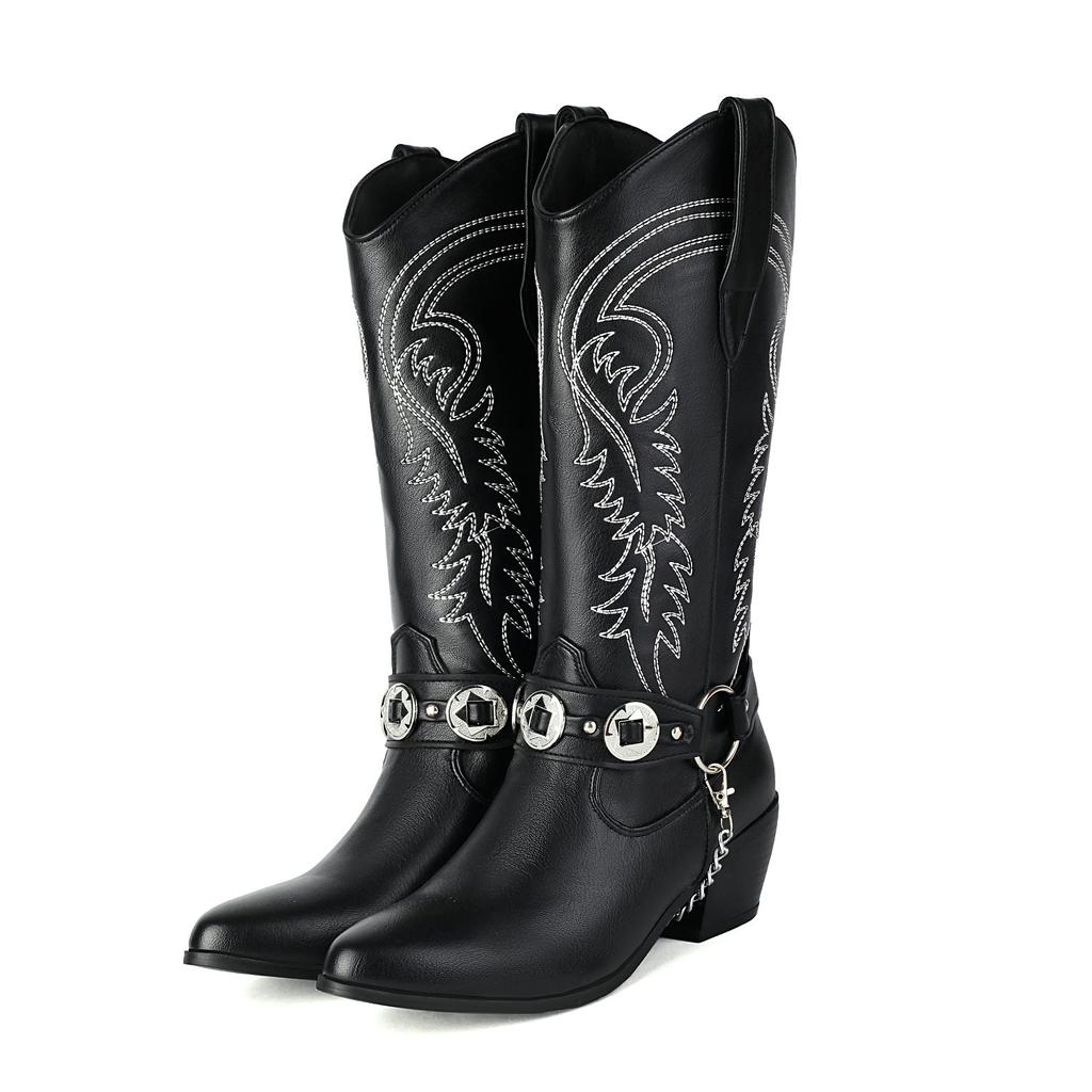 Embroidery Western Boots Women's Mid Calf Cowboy Boots Belt Buckle Chain Decor Shoes Comfy Med Heels Footwear