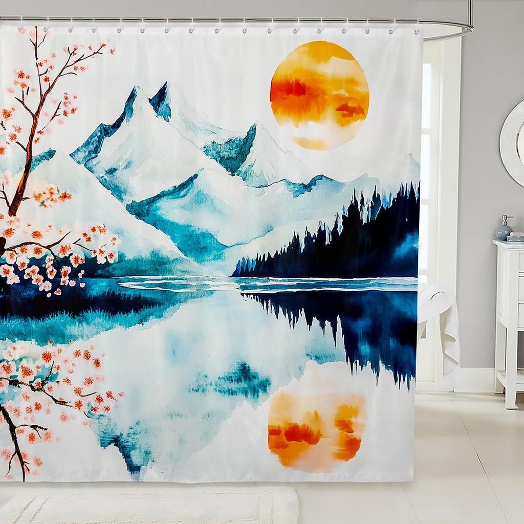 Boys Girls Japanese-Style Shower Curtain Red Cherry Bath Curtain Mount Fuji Bathroom Accessories Teens Bedroom Decor