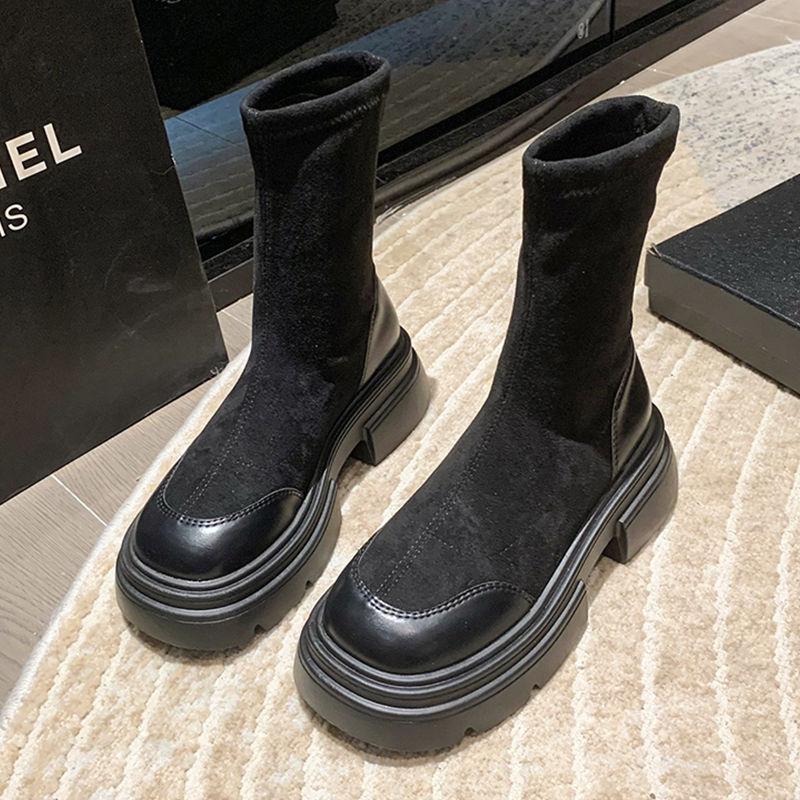 Retro Martin Stiefel Damen Britischer Stil Herbst und Winter neu kleine dicksohlige erhöhte schwarze dicke Ferse dünne kurze Stiefel