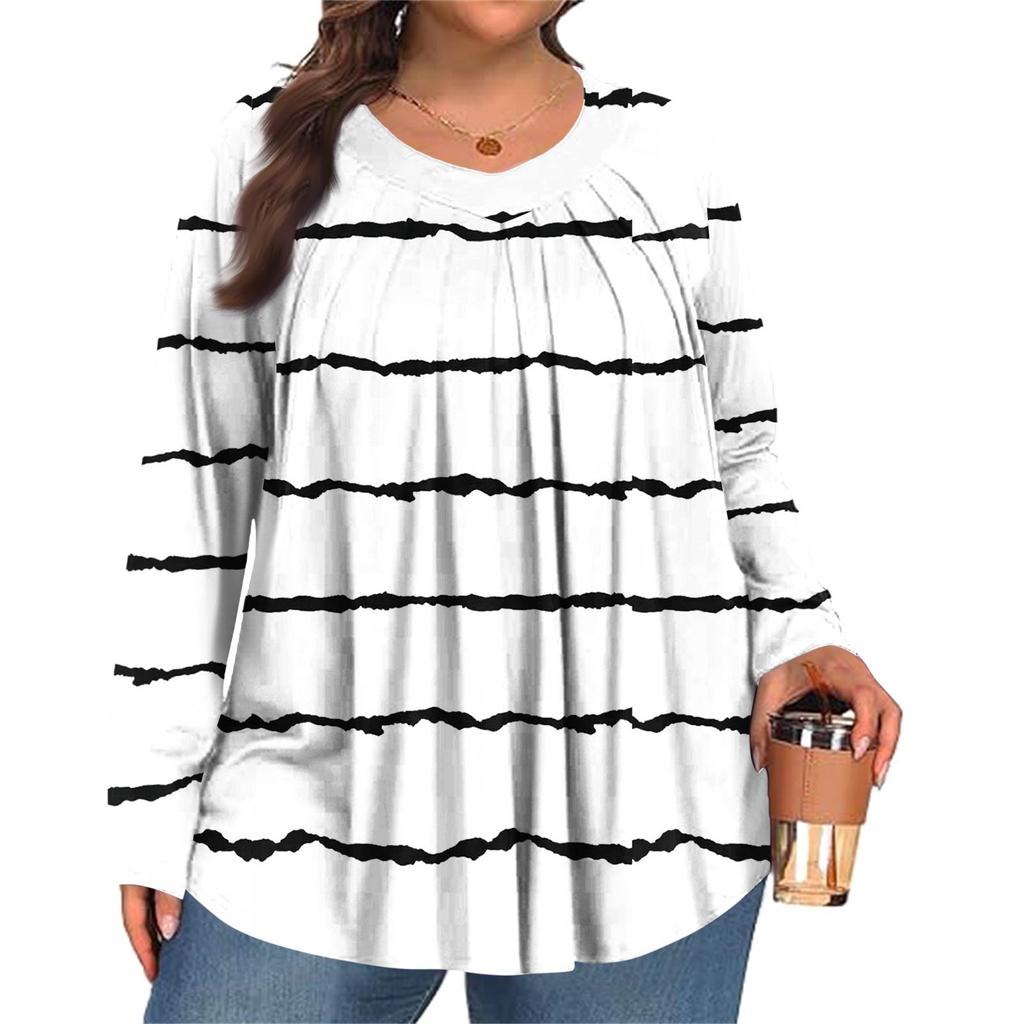 Women's Plus Size Fashion  Printed Casual Pleated Round Neck Long Sleeve Top
