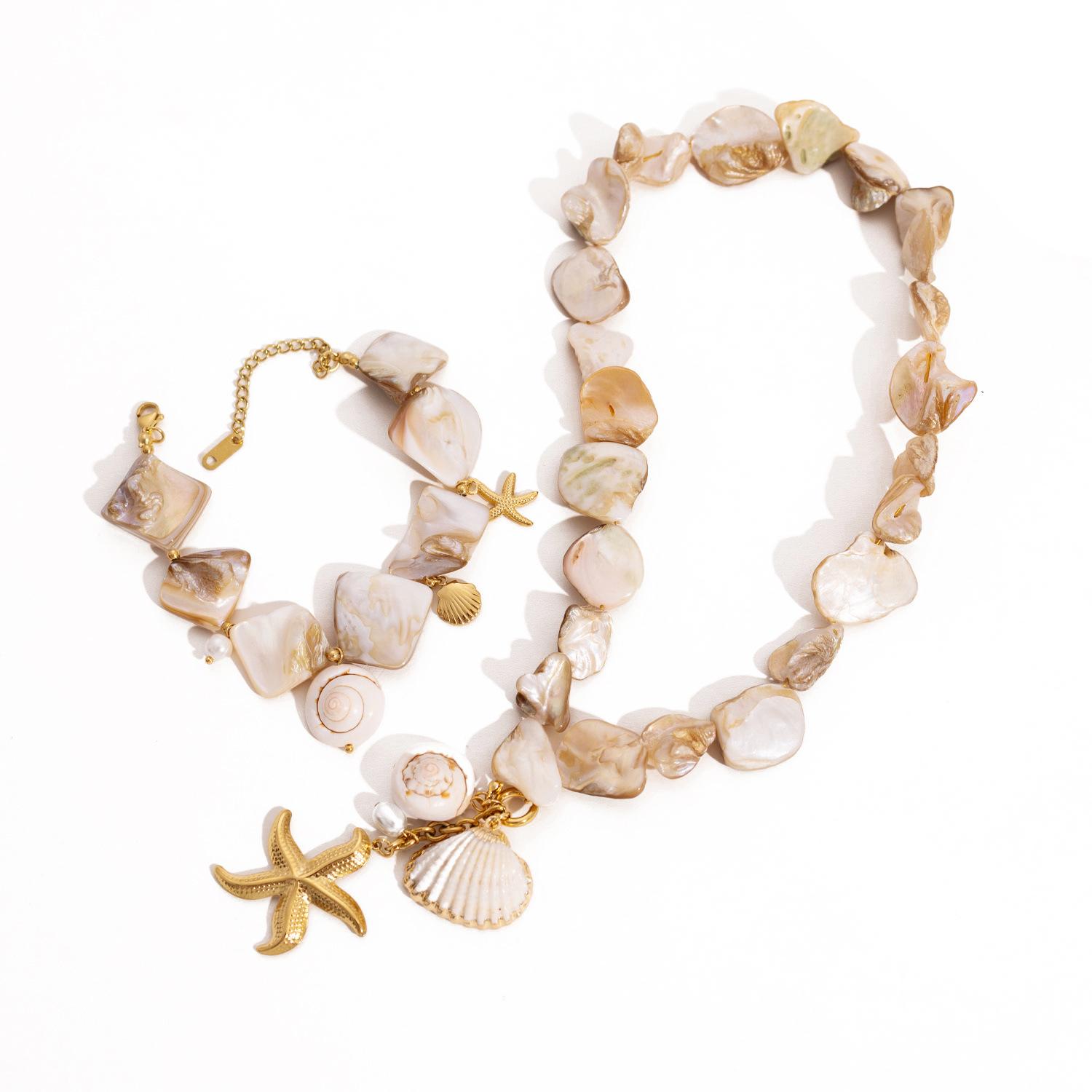 

2 шт. Модный шарм серии «Океан» с покрытием из 18-каратного золота, из нержавеющей стали, с жемчугом, морской звездой, ракушкой, колье-чокер, браслеты для женщин, пляжные украшения 45cm золотой