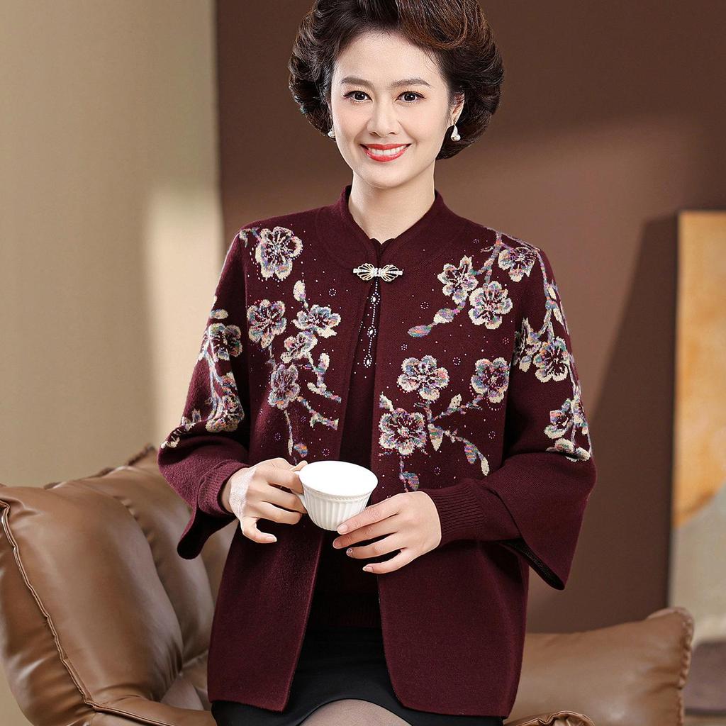 Mother-in-law Style Autumn Knit Cardigan Set for Middle-aged and Elderly Women