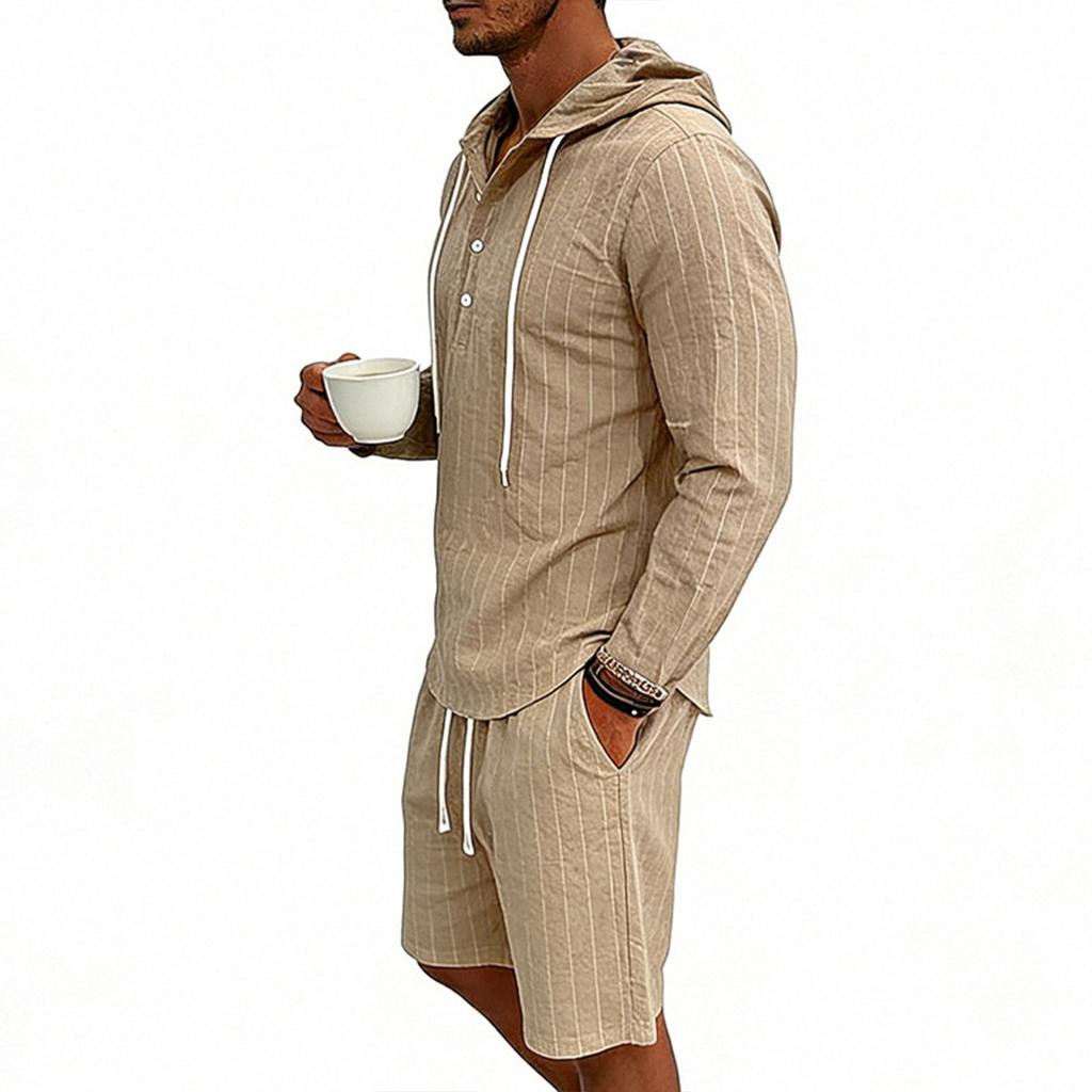 Men's Casual Long-sleeved Tooling Shirt Multi-pocket Shorts Set