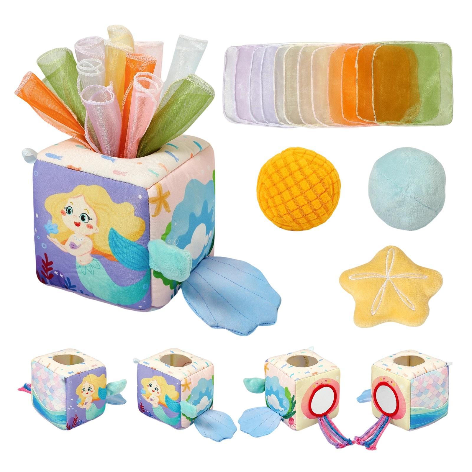 

16pcs Fabric Educational Tissue Box Toy - Color & Pattern Learning Activity Box, Interactive Baby Sensory Play & Pulling Game One Size