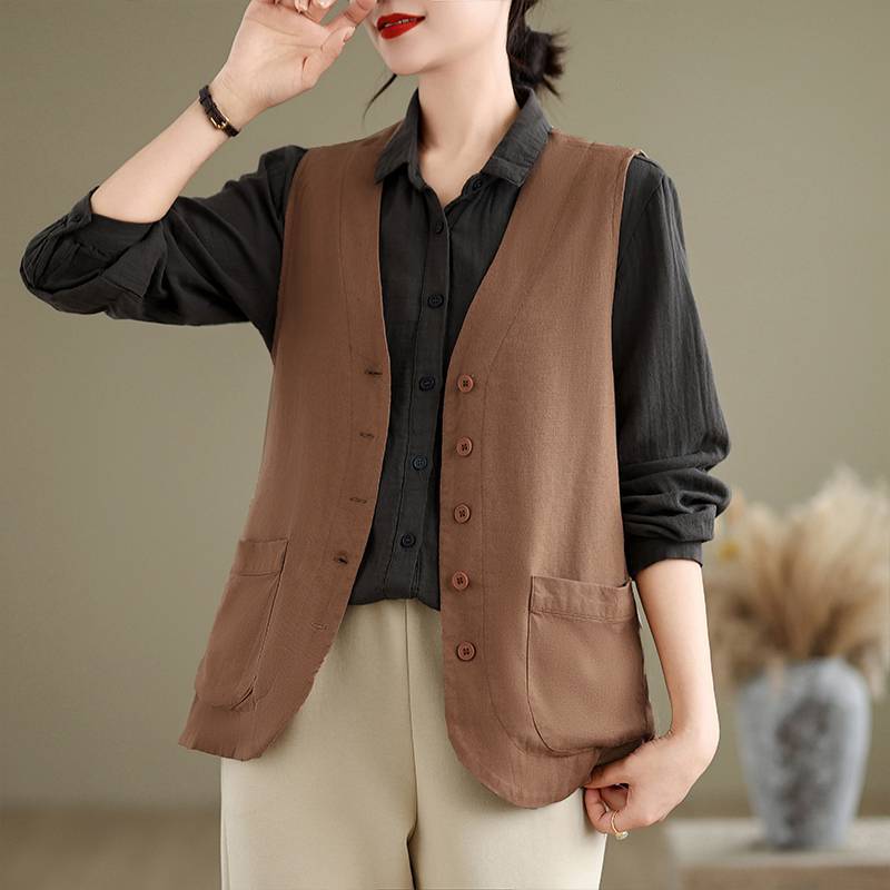 Women's V Neck Sleeveless Linen Blend Waistcoat Oversized Loose Button Down Vest Vintage Retro Pocket Layering Gilet Spring Summer Casual Outerwear