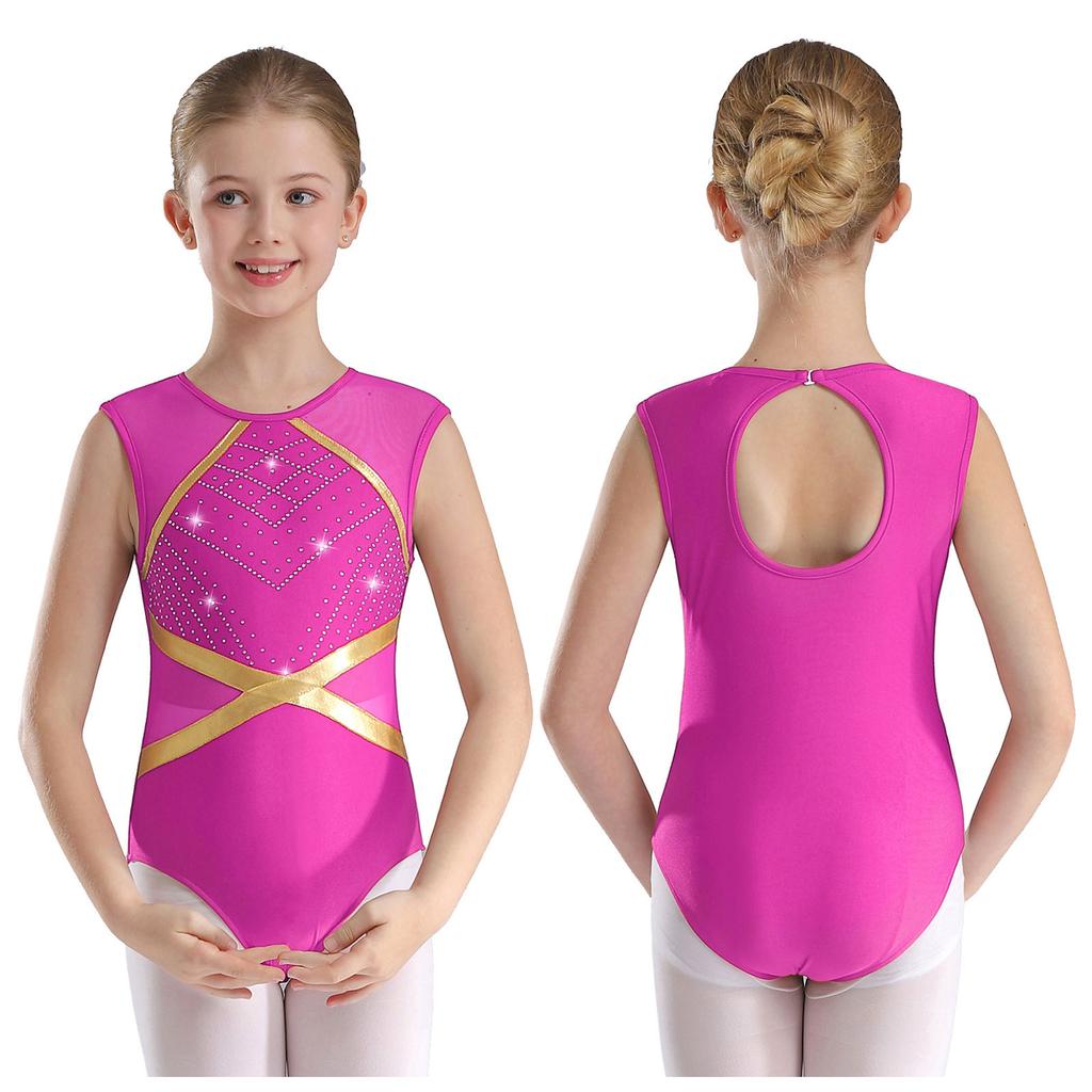 Kids Girls Patchwork Gymnastics Leotard with Glittery Rhinestones Keyhole Back Sleeveless Bodysuit for Figure Skating Dance Recital