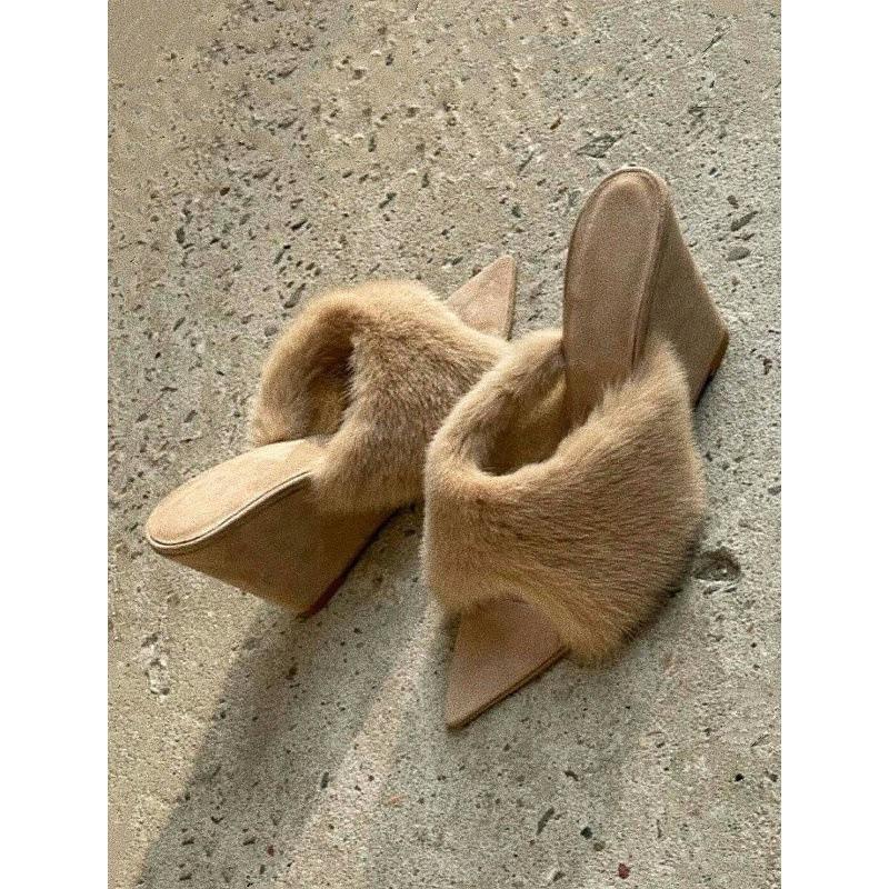 Sexy Spice Girl Fluffy Open-toed One-Word Slippers Design Sense Pointed Wedge Heel High Heel Boots