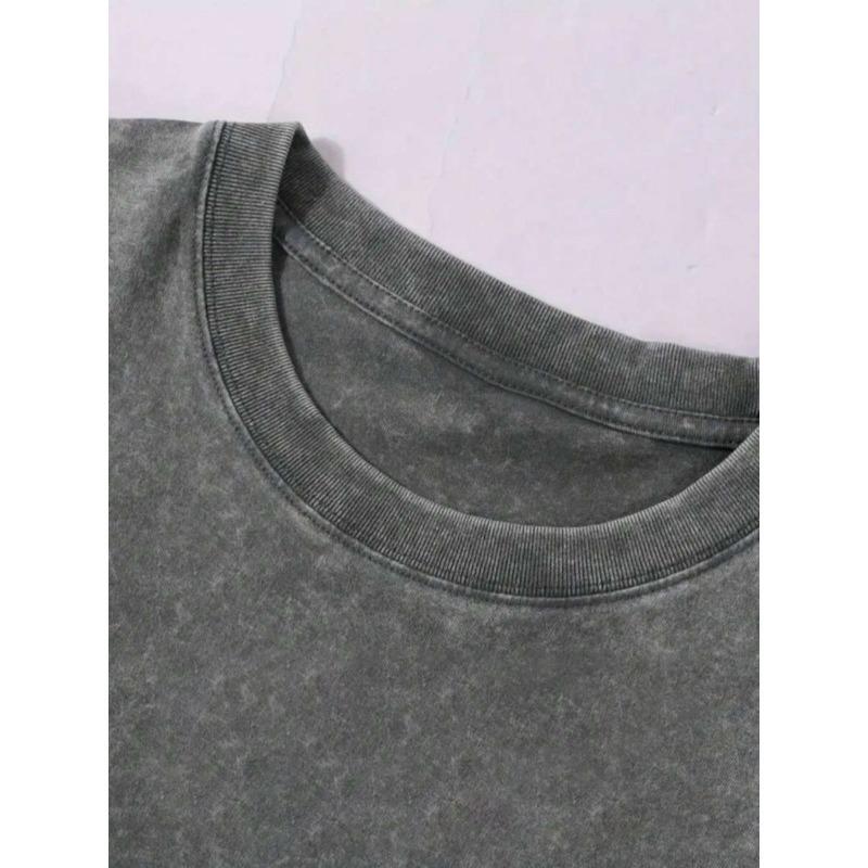 Men's Heavyweight Retro Washed Cotton T-Shirt- Oversized Street Style with Print and Front Skull Design, Loose Hip-Hop Style,  Casual Outfits