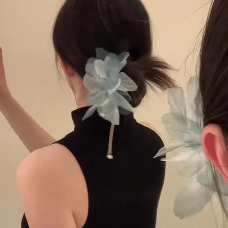 Korean Antique Chiffon Flower Pearl Tassel Hair Stick U-Shaped Hair Clip Temperament Chinese Style Hairpin For Women Headwear