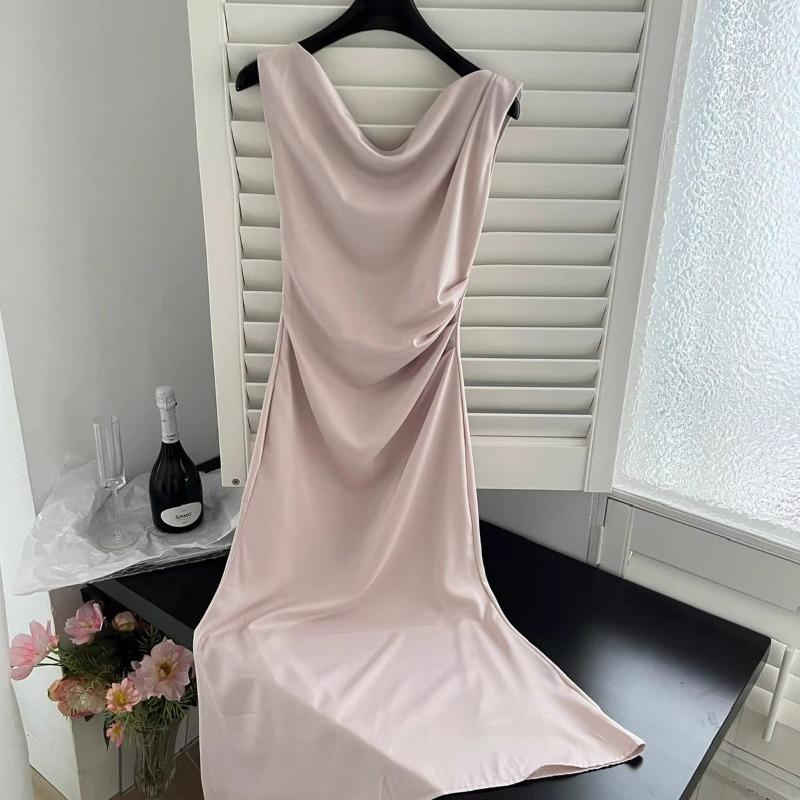 Women's Satin Maxi Dress Beige One Shoulder Ruched Slim Fit Evening Party Gown
