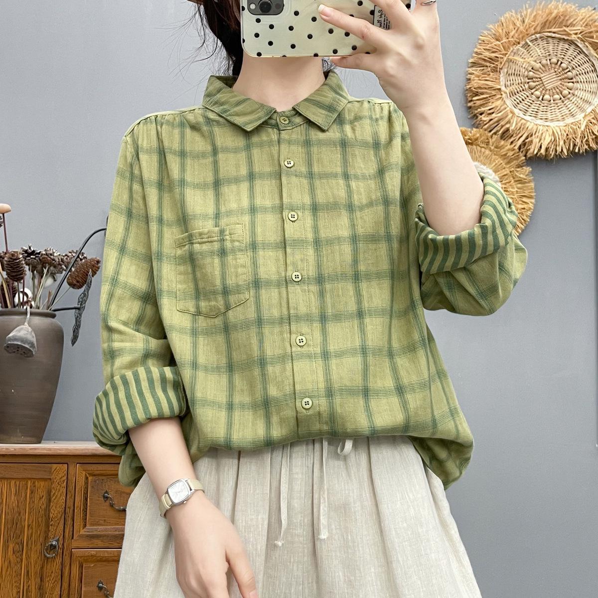 

Spring 2026 Plaid Lapel Double-Layer Cotton Gauze Slimming Long Sleeve Women s Shirt Medium смарагдовий/зелений