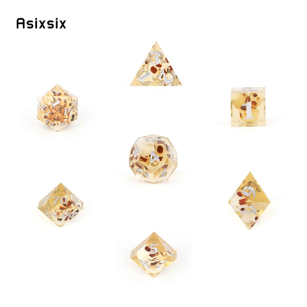 7 Pcs Yellow Skull Resin White Number Sharp Edge Dice Polyhedral Dice Suitable For Role-Playing Dice PropBoard Game Gift