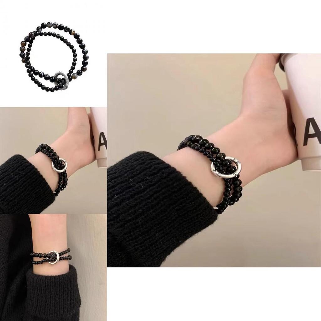 Stylish Double Circle Bracelet Black Beads For Men And Women Trendy Retro Design