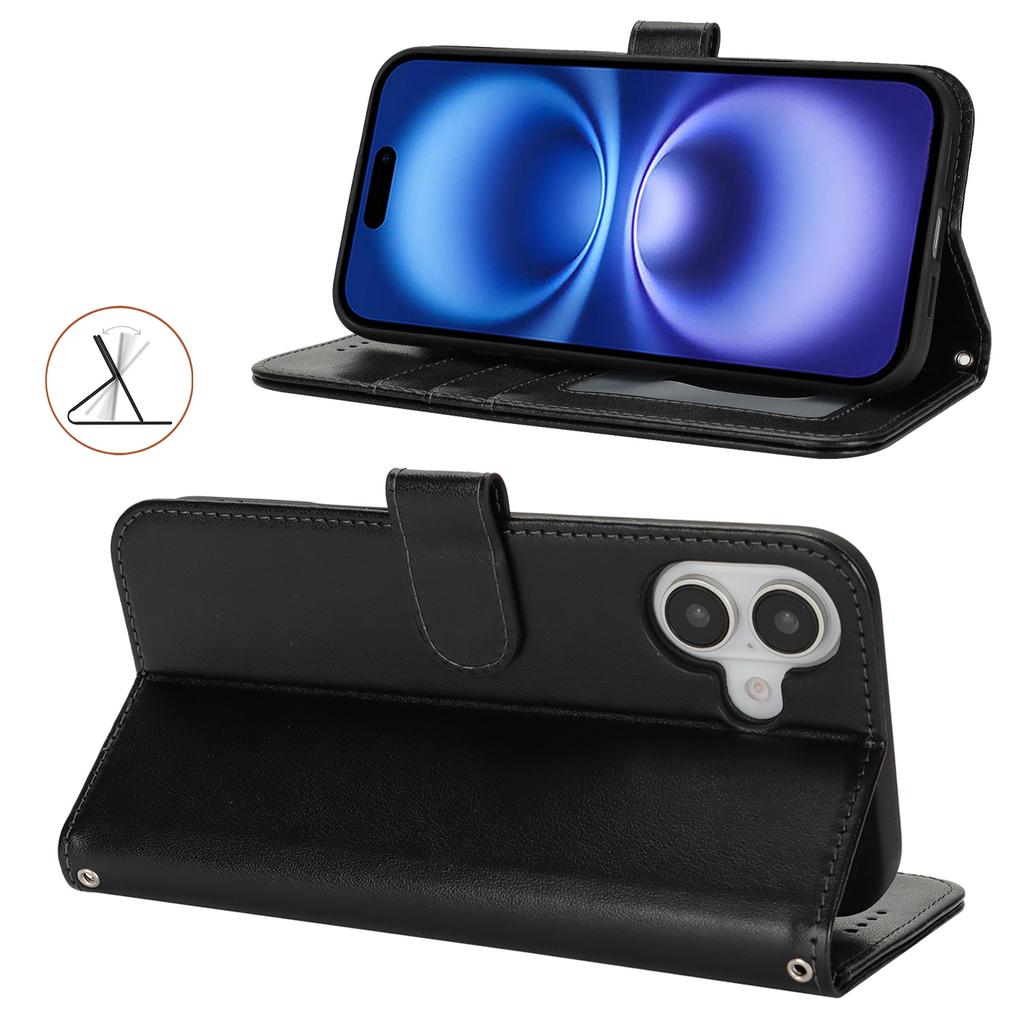 For iPhone 16 Stand Case Textured Leather Wallet Phone Cover with Strap