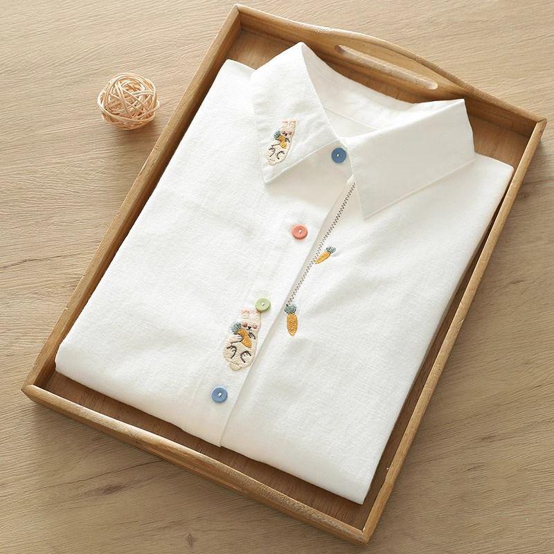 Women's Spring Embroidered Rabbit Radish White Blouse with Long Sleeves