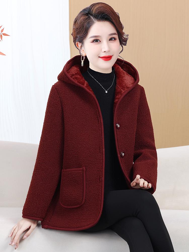 Women's Winter Fleece Jacket: Hooded, Thick, Warm Wool Blend Coat for Middle-Aged and Elderly