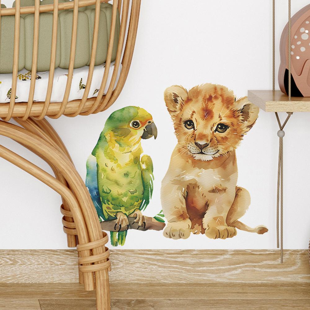 Cartoon Watercolor Little Lion Parrot Bedroom Living Room Wall Beautify Decorative Wall Stickers
