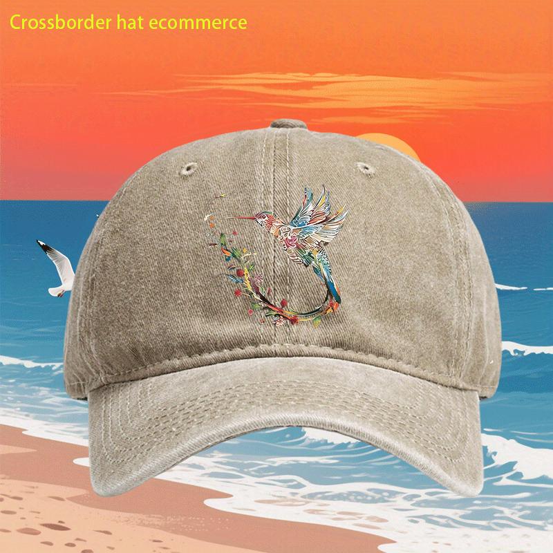 Hummingbird Print Denim Washed Baseball Cap Vintage Denim Soft Adjustable Outdoor Unisex Hat