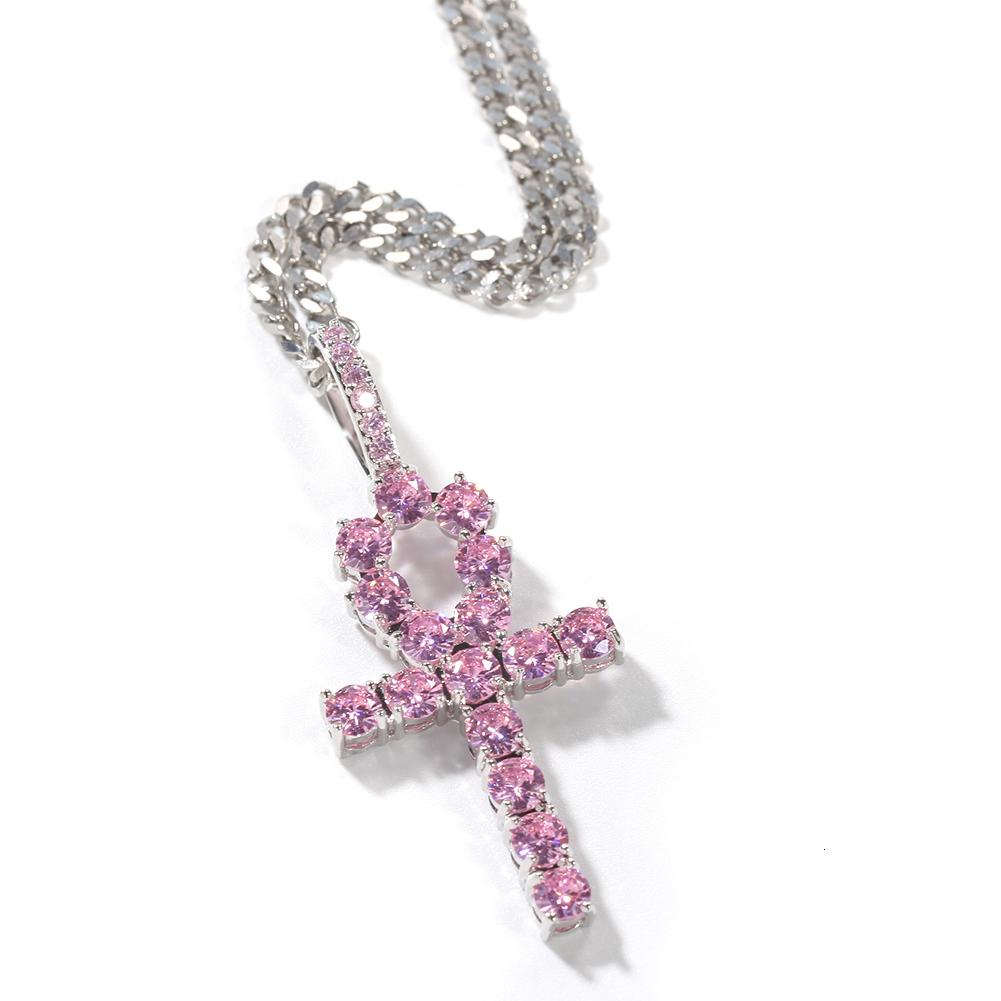 THE BLING KING Ankh Cross Pendant Pink Iced Cubic Zirconia Stones Gold Silver Color Necklace Colored Fashion Hiphop Jewelry