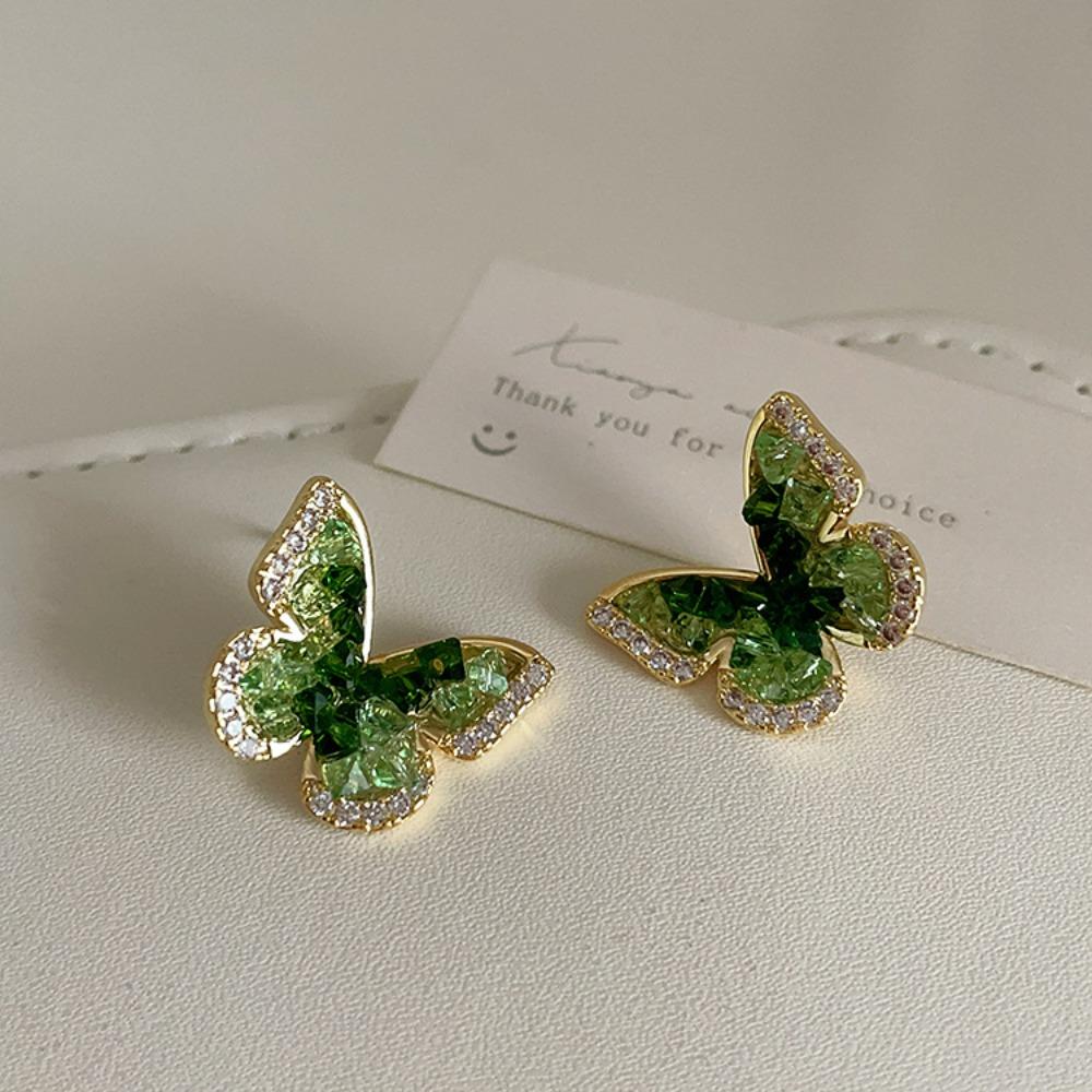 Green Crystal Butterfly Stud Earrings Female Design Sense Niche Personality Versatile Temperament Earrings Earrings