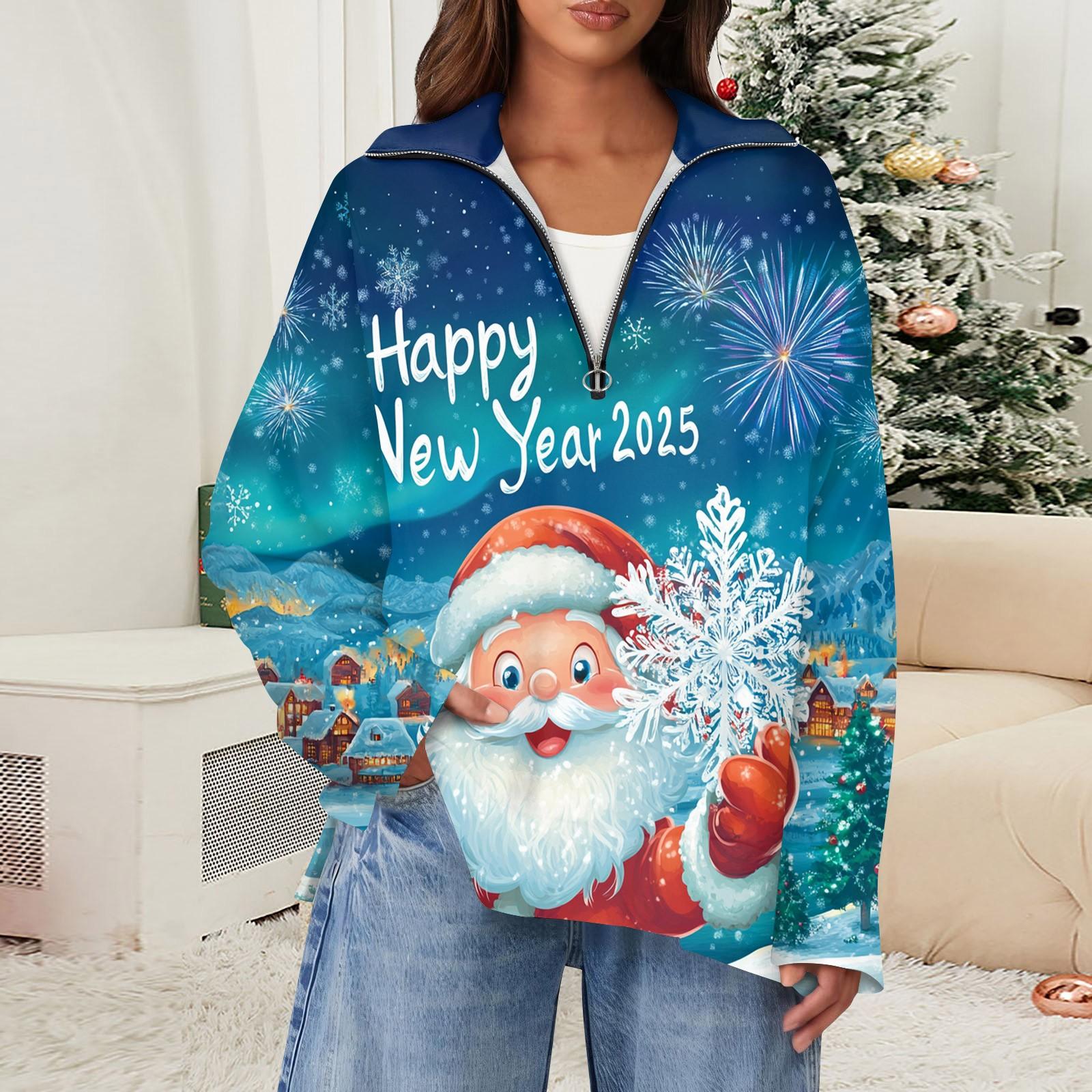 

Женский повседневный свитер с отворотом на молнии и рождественским принтом, с разрезом сверху и сбоку, модная одежда L