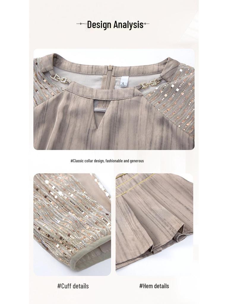 Elegant Autumn 2025 Satin Blouse & Seven-Sleeve Two-Piece Set for Middle-Aged and Elderly Women
