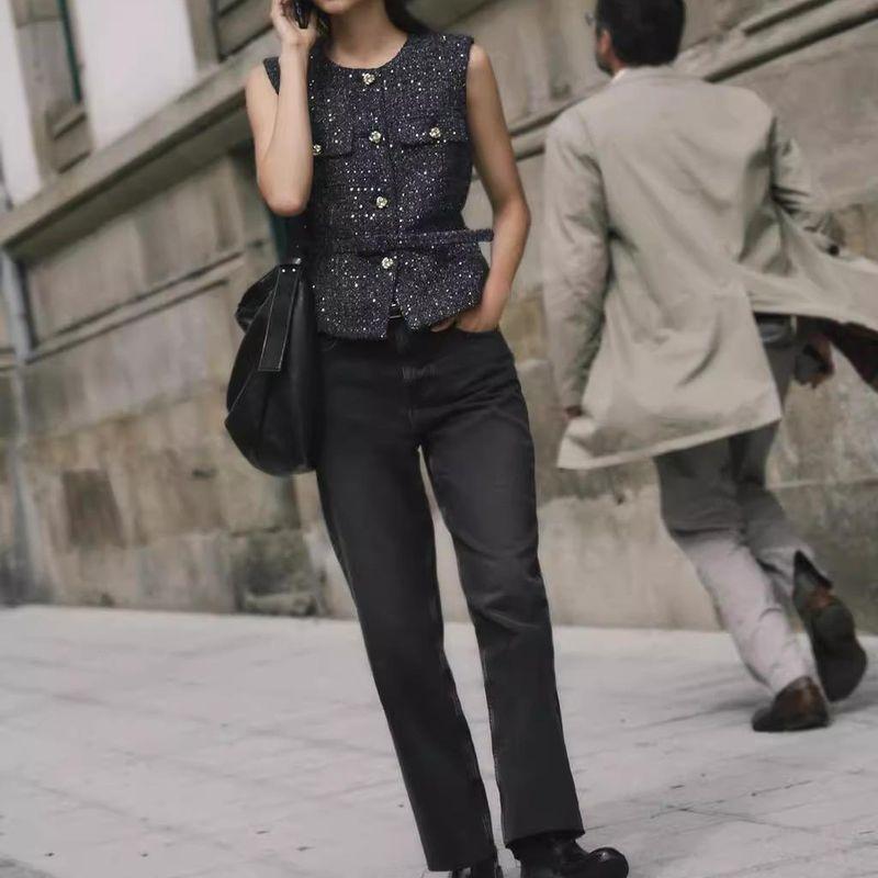 Autumn and Winter New Fashion Slim fit round Neck Sleeveless With Belt Beads Decoration Breasted Texture Vest 9298725