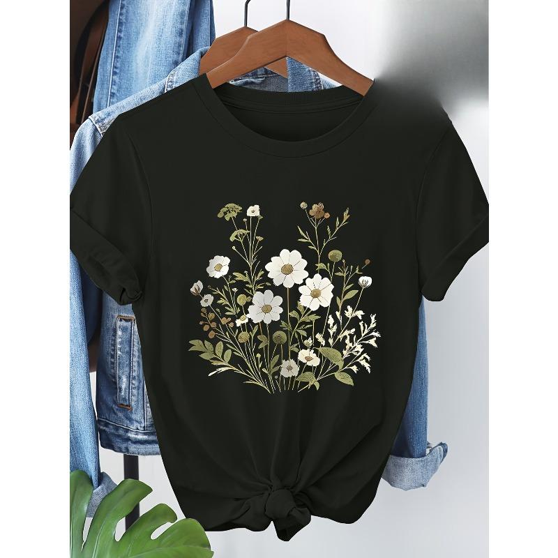 

European Size Hand-painted Style Wildflower Botanical Print Round-neck Skin-friendly Breathable Casual Versatile Short-sleeve T-shirt 4XL
