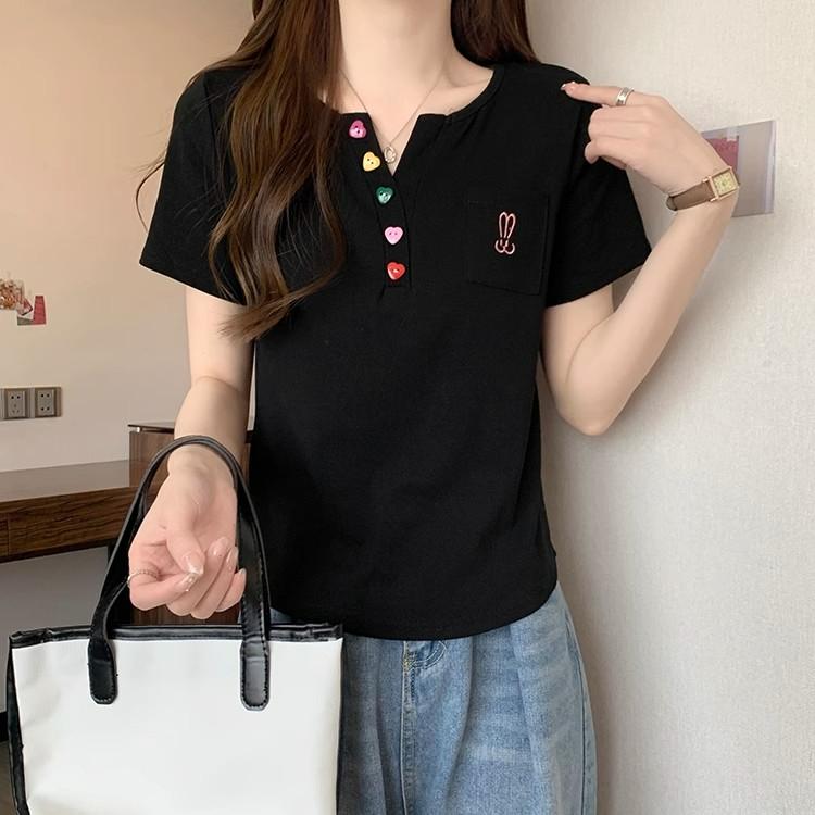 Summer Pure Cotton Irregular Solid T Shirts Women‘s V-neck Short-sleeve T-shirt Casual Slim Elastic Skinny Y2k Top Women Clothes