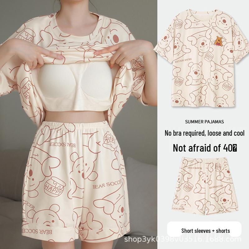 Women's Short-Sleeve Pajama Set with Built-in Bra Pads, 2025 Spring/Summer/Autumn Collection