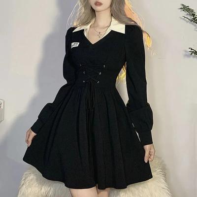 Women's Retro College Style Black Dress A-line Waist Up Dress